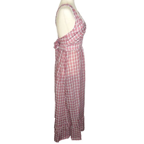 Halara Pink Multi Plaid Lightweight Flowy Ruffled Hem V Neck Dress Size Small - Picture 5 of 9